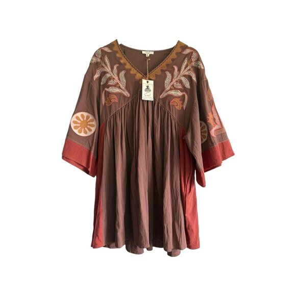 Easel “Carefree” Dress – Mocha (Large) / Boho, Flowy, V-Neck, Embroidered / NWT - Picture 1 of 4